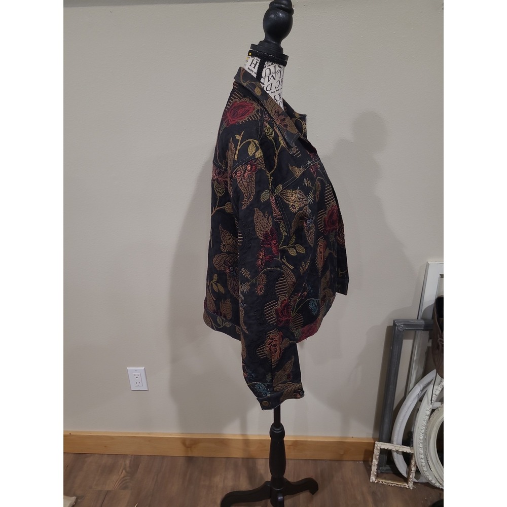 Vtg. Norm Thompson boho black textured floral jean style jacket Women SZ S - Picture 3 of 11